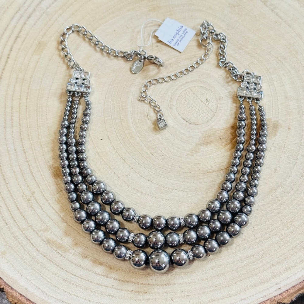 Lia Sophia Jeweled Silver Necklace Metallic beaded multi triple strand‎ Chunky